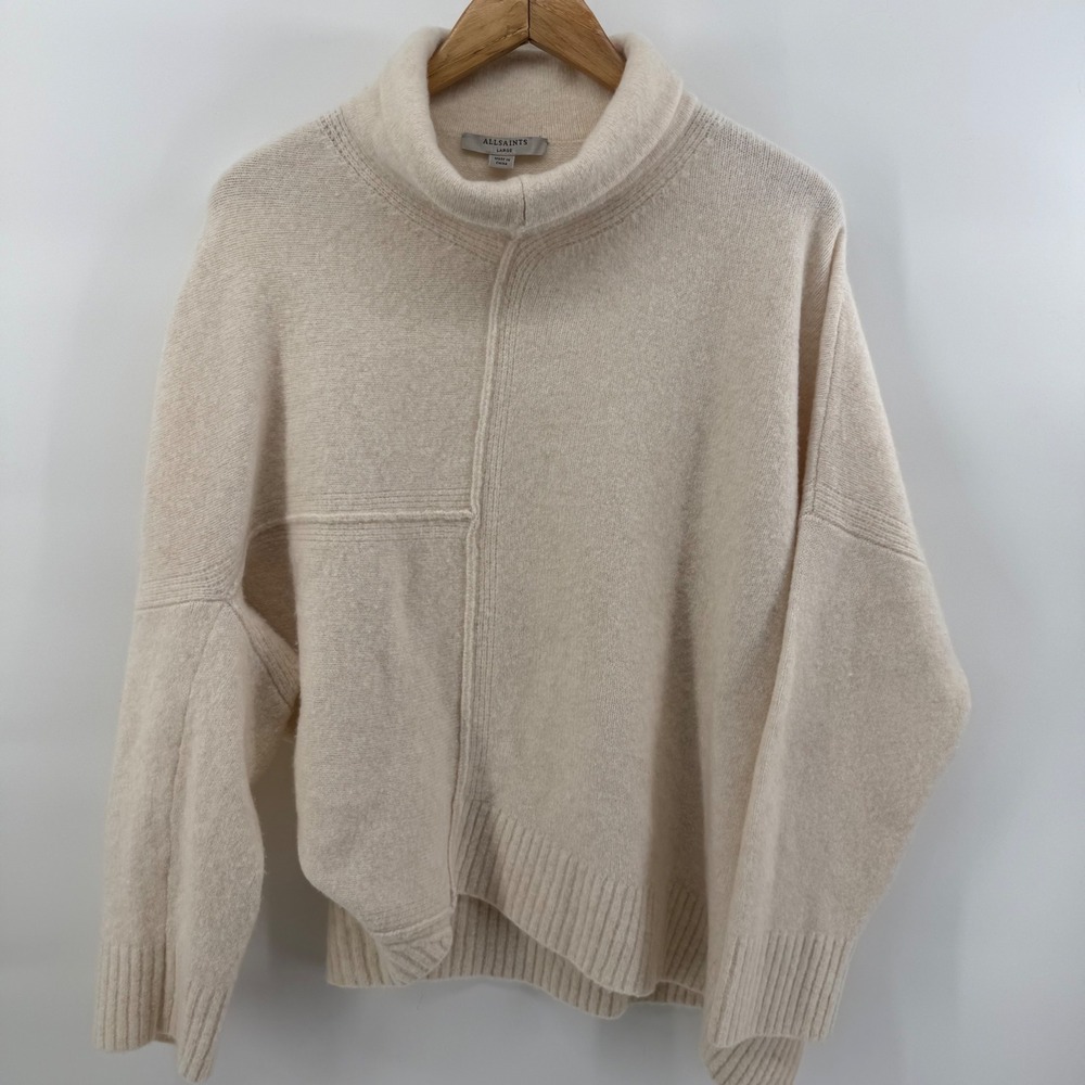 AllSaints Wool Yak Blend Asymmetric Seam Funnel Neck Sweater Cream Large